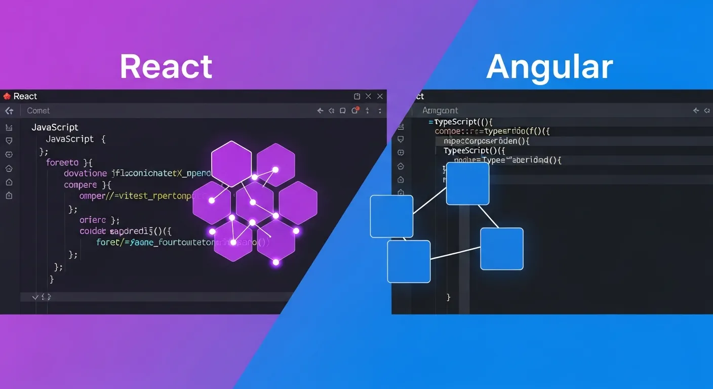 Codevensters van React en Angular naast elkaar op een paars en blauw vlak