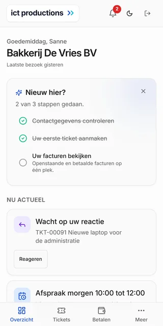 Het overzicht van het klantportaal van ICT Productions op een telefoon