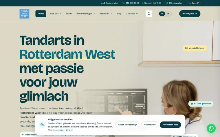 De website van Tandarts West in Rotterdam, klant van ICT Productions