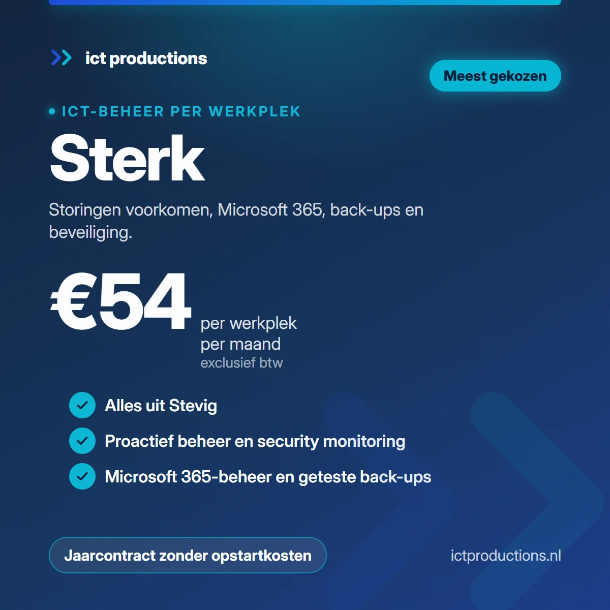 Pakket ICT-beheer Sterk van ICT Productions: €54 per werkplek per maand, jaarcontract zonder opstartkosten